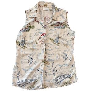 Liz Claiborne Silk Shirt M Sleeveless Windmill Beach Print Button Front VTG Y2K
